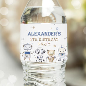 Watercolor Cute Robot Kids Birthday Party Water Bottle Label