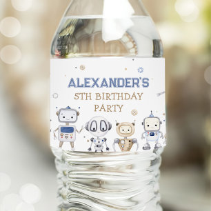 Watercolor Cute Robot Kids Birthday Party Water Bottle Label