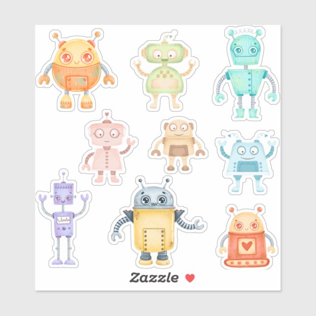 Watercolor cute robots sticker (Sheet)