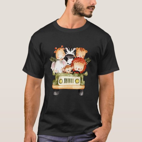 Watercolor Cute Safari Animals In The Car Lion Gir T_Shirt