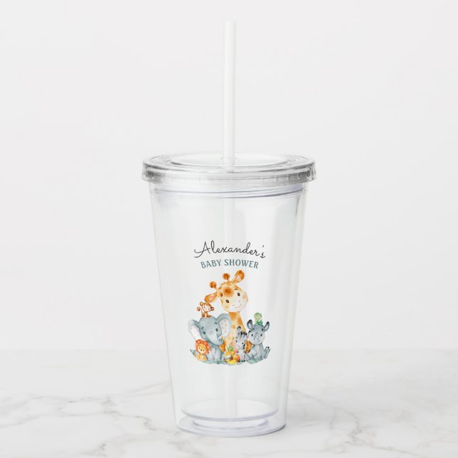Watercolor Cute Safari Jungle Animals Baby Shower Acrylic Tumbler (Front)