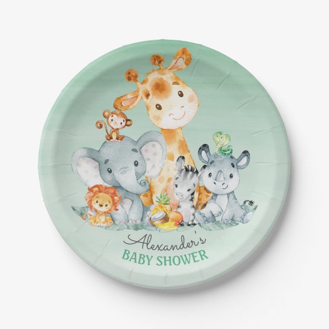Watercolor Cute Safari Jungle Animals Baby Shower Paper Plates (Front)