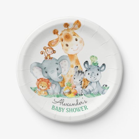 Watercolor Cute Safari Jungle Animals Baby Shower Paper Plates