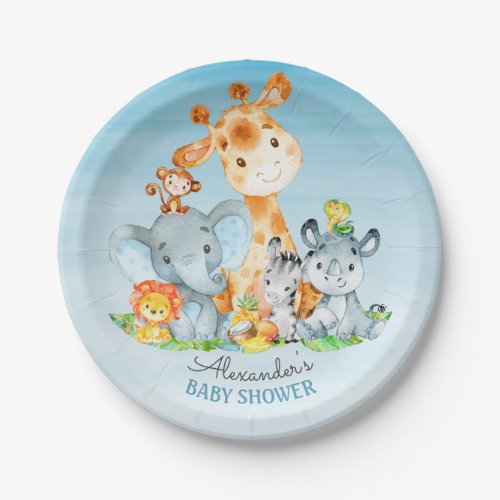 Watercolor Cute Safari Jungle Animals Baby Shower Paper Plates