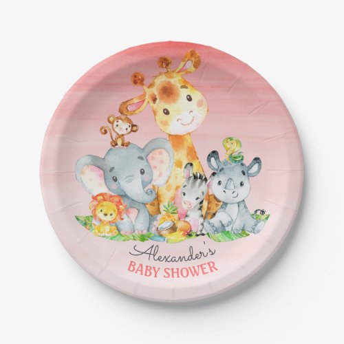 Watercolor Cute Safari Jungle Animals Baby Shower Paper Plates