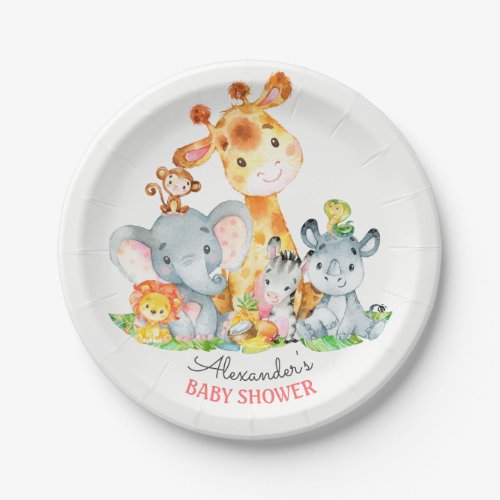 Watercolor Cute Safari Jungle Animals Baby Shower Paper Plates