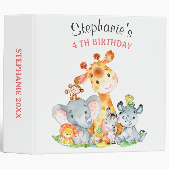 Watercolor Cute Safari Jungle Animals Birthday 3 Ring Binder (Front/Spine)