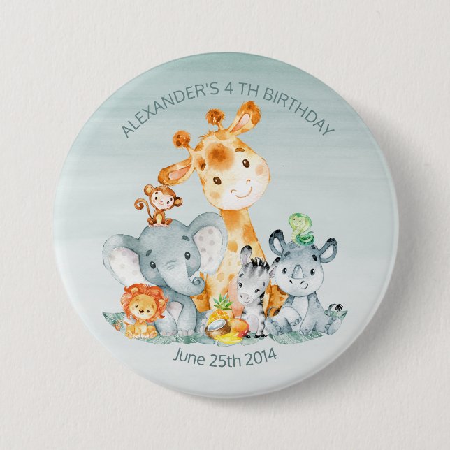 Watercolor Cute Safari Jungle Animals Birthday Button (Front)