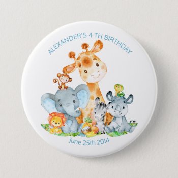 Watercolor Cute Safari Jungle Animals Birthday Button by SpecialOccasionCards at Zazzle
