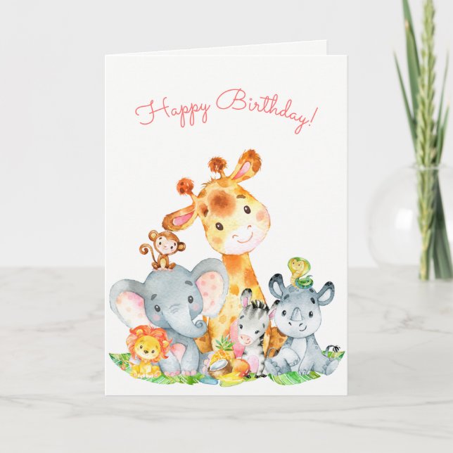 Watercolor Cute Safari Jungle Animals Birthday Card (Front)