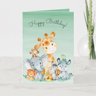 Watercolor Cute Safari Jungle Animals Birthday Card
