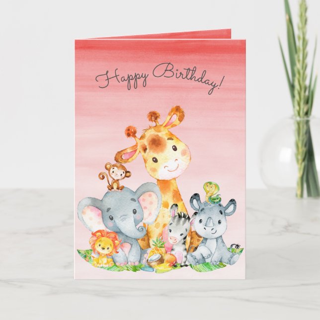 Watercolor Cute Safari Jungle Animals Birthday Card (Front)