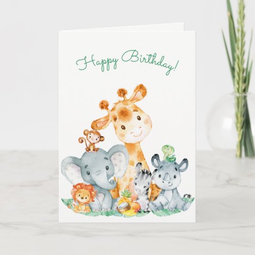 Watercolor Cute Safari Jungle Animals Birthday Card