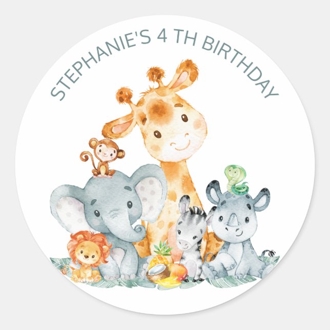 Watercolor Cute Safari Jungle Animals Birthday Classic Round Sticker (Front)