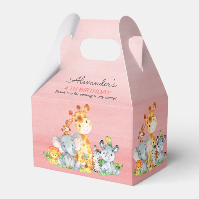 Watercolor Cute Safari Jungle Animals Birthday Favor Boxes (Front Side)