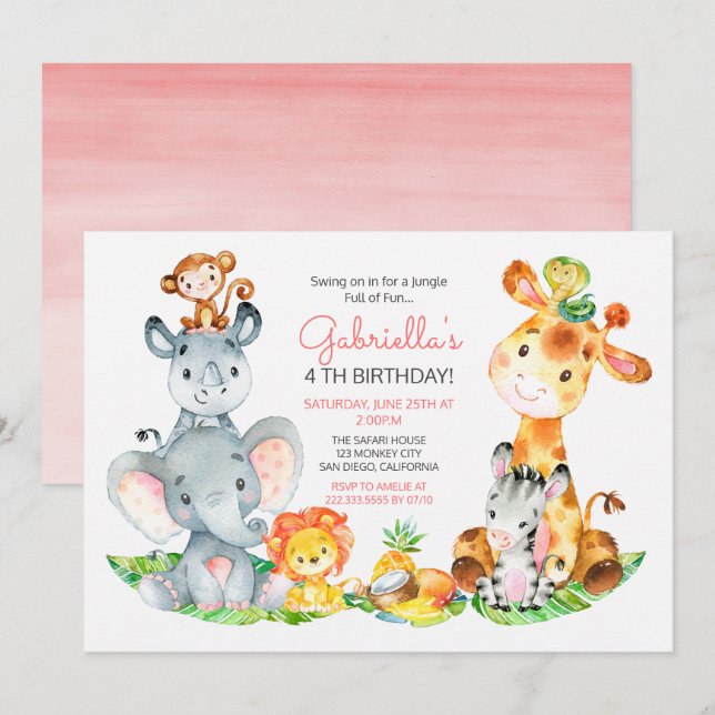 Watercolor Cute Safari Jungle Animals Birthday Invitation (Front/Back)