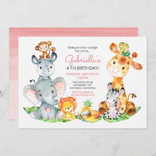 Watercolor Cute Safari Jungle Animals Birthday Invitation