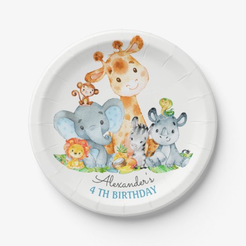 Watercolor Cute Safari Jungle Animals Birthday Paper Plates