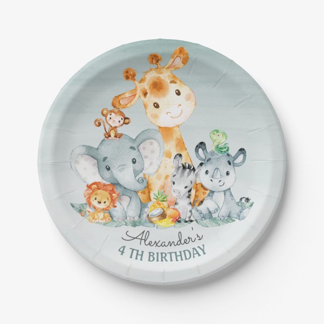 Watercolor Cute Safari Jungle Animals Birthday Paper Plates (Front)