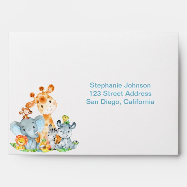 Watercolor Cute Safari Jungle Animals Envelope (Front)