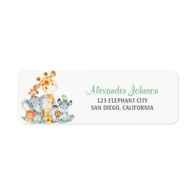 Watercolor Cute Safari Jungle Animals Label (Front)