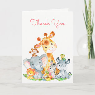 Watercolor Cute Safari Jungle Animals Thank You Card