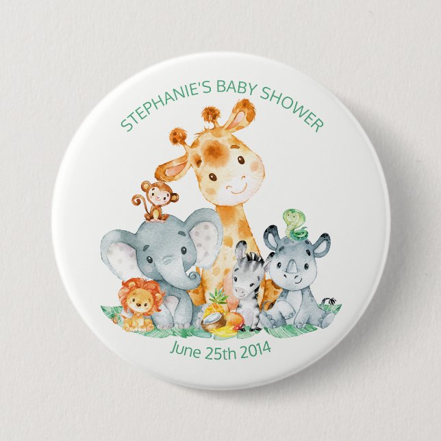 Watercolor Cute Safari Jungle Baby Shower Button (Front)
