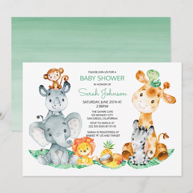 Watercolor Cute Safari Jungle Baby Shower Invitation (Front/Back)