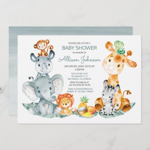 Watercolor Cute Safari Jungle Baby Shower Invitation