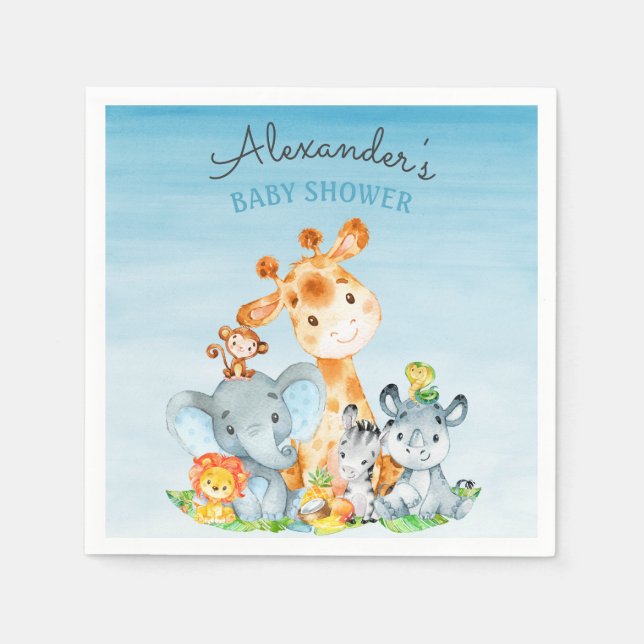 Watercolor Cute Safari Jungle Baby Shower Napkins (Front)