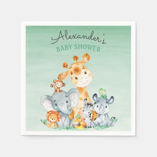 Watercolor Cute Safari Jungle Baby Shower Napkins (Front)