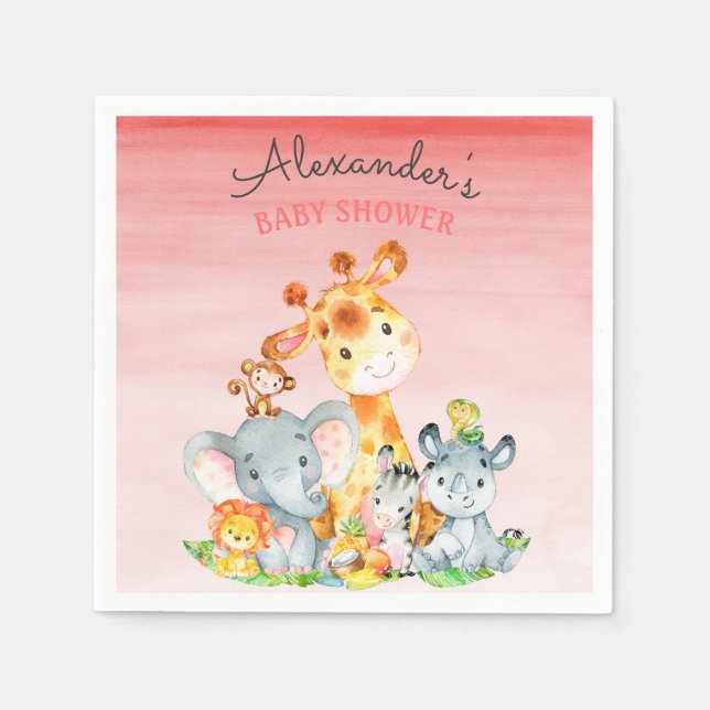 Watercolor Cute Safari Jungle Baby Shower Napkins (Front)