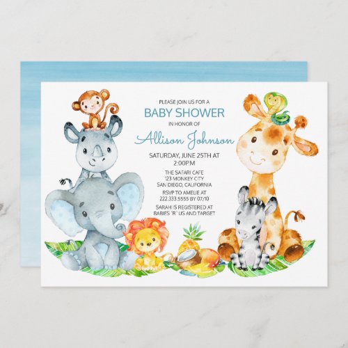 Watercolor Cute Safari Jungle Boy Baby Shower Invitation