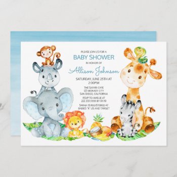 Watercolor Cute Safari Jungle Boy Baby Shower Invitation by SpecialOccasionCards at Zazzle