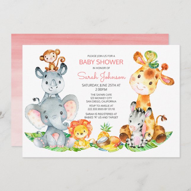 Watercolor Cute Safari Jungle Girl Baby Shower Invitation (Front/Back)