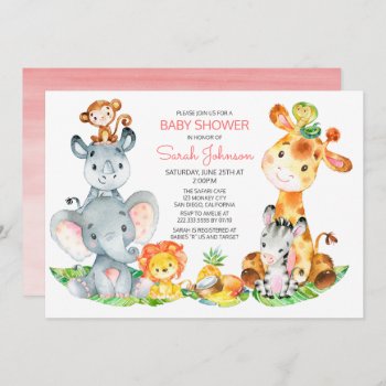 Watercolor Cute Safari Jungle Girl Baby Shower Invitation by SpecialOccasionCards at Zazzle