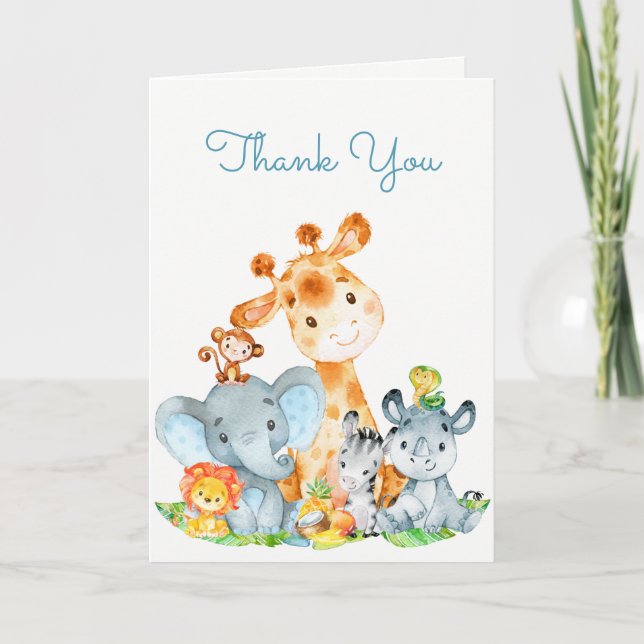 Watercolor Cute Safari Jungle Thank You Card (Front)