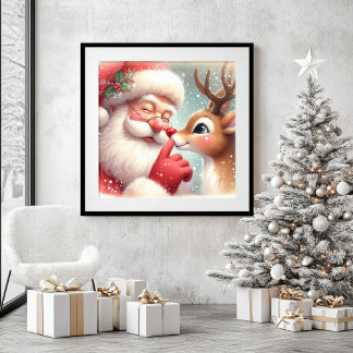Watercolor Cute Santa Rudolph Festive Wall Art