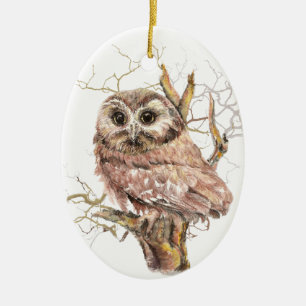 Watercolor Cute Saw Whet Owl, Bird Ceramic Ornament