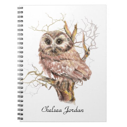 Watercolor Cute Saw Whet Owl Bird Custom Name Notebook