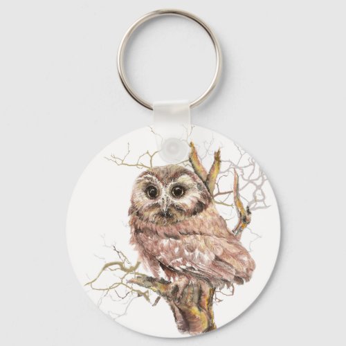 Watercolor Cute Saw Whet Owl Bird Keychain