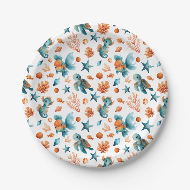 Watercolor Cute Sea Animals Festive Ocean Pattern  Paper Plates (Front)