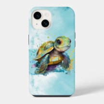 Watercolor Cute Sea Turtle Artwork Blue