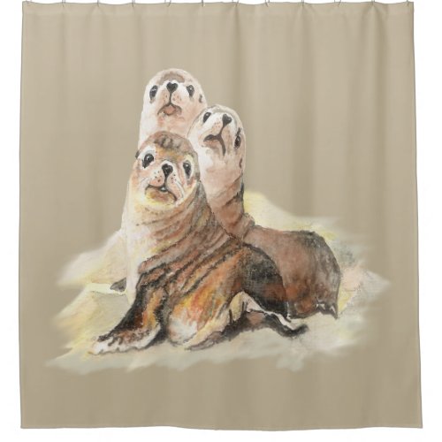 Watercolor Cute Seal Animal Family Art Shower Curtain