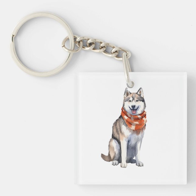 Watercolor Cute Siberian Husky Dog Keychain (Front)