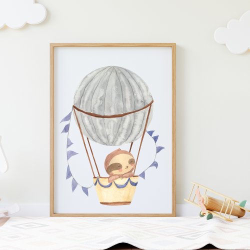 Watercolor Cute Sloth Hot Air Balloon Nursery Poster