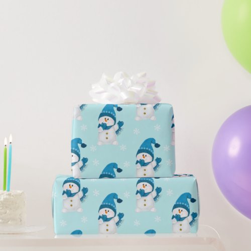 Watercolor Cute Snowman Blue Winter Pattern Wrapping Paper