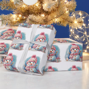 Watercolor Cute Snowman with Gift & Hot Chocolate Wrapping Paper