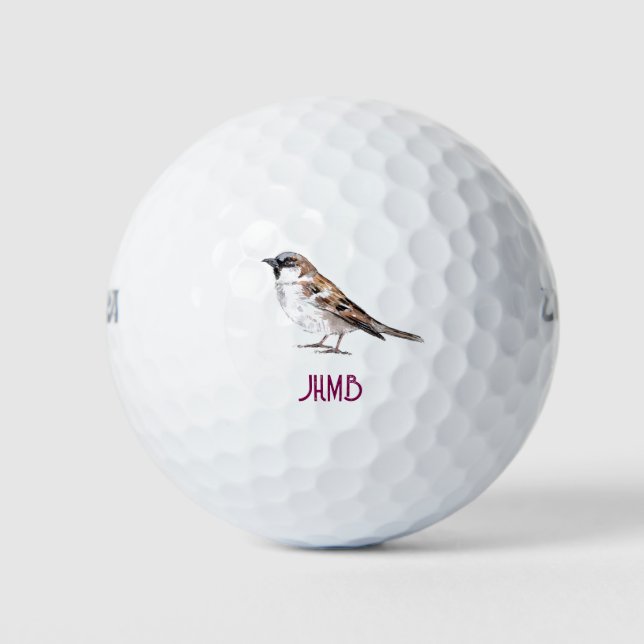 Watercolor Cute Sparrow Bird Animal Monogram  Golf Balls (Front)