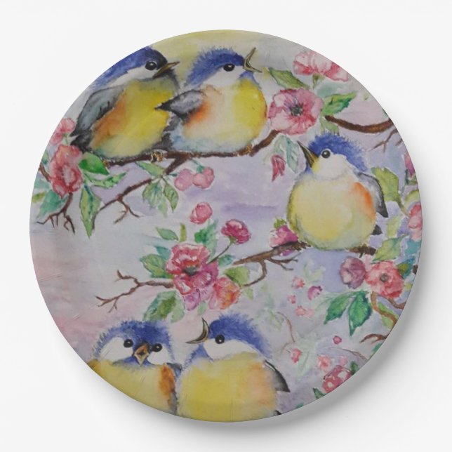 Watercolor - Cute Sparrows Paper Plates (Front)